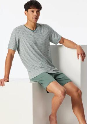 Schlafanzug kurz Ringel V-Ausschnitt khaki - Long Life Soft 58
