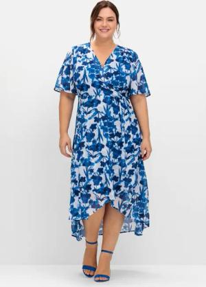 Sheego Chiffonkleid in Wickeloptik, mit Blätterprint, kobalt gemustert, Gr.42