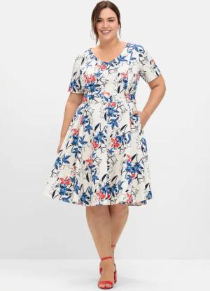 Sheego Cocktailkleid mit Blumenprint und Stoffgürtel, champagner gemustert, Gr.50