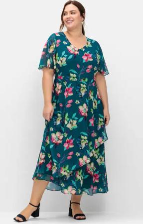 Sheego Chiffonkleid mit Blumenprint und Unterkleid, dunkelpetrol gemustert, Gr.42