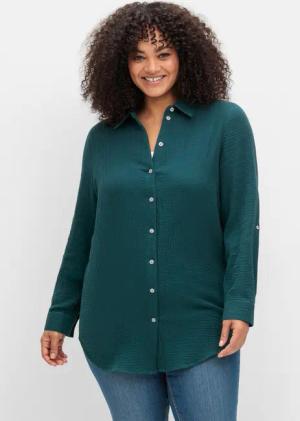 Sheego Musselin-Bluse mit Hemdkragen und Krempelärmeln, petrol, Gr.42