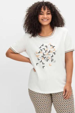 Sheego Shirt mit Grafik-Frontprint und Glitzerdetails, ecru bedruckt, Gr.54