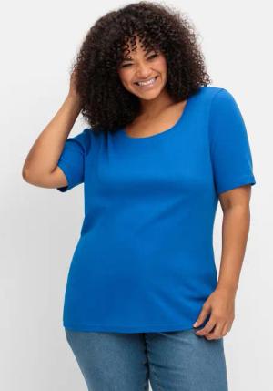 Sheego T-Shirt mit tiefem Ausschnitt und längerem Ärmel, kobalt, Gr.52/54