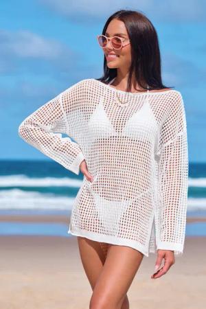 Beiges Langarm-Strick-Strandtop