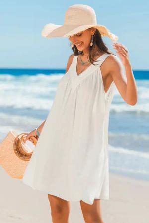 Weißes Ärmelloses Mini-Strandkleid mit Kontrastspitze
