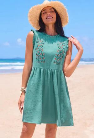 Grünes Ärmelloses Minikleid mit Stickerei