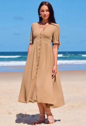 Beiges V-Ausschnitt Midikleid mit Knopfleiste