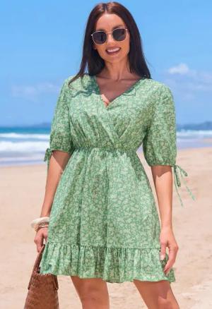 Baumwoll-Mini-Wickelkleid mit elastischer Taille