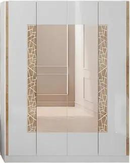 JVmoebel Kleiderschrank Kleiderschrank Kommode Spiegel Weiß Gold Siebdruck Hochglanz (3tlg. Schlafzimmer Set (Kommode + Spiegel + Kleiderschrank) Made in Europa