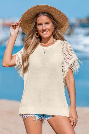 Beige Strandtop mit Quastenbesatz
