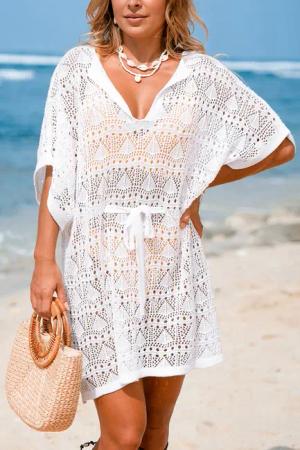 Weißes Mini-Strick-Strandkleid mit Taillenband
