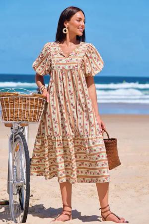 Midikleid mit Puffärmeln und gerüschtem Saum
