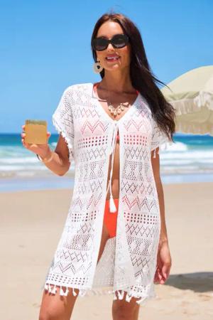 Weißer tropischer Strand-Kimono mit Quasten