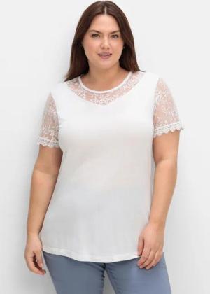 Sheego Shirt mit Einsätzen aus floraler Spitze, leicht tailliert, weiß, Gr.54