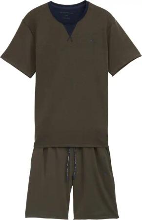 TOM TAILOR Herren Pyjama-Set mit Logo-Print und Kordelzug, grün, Uni, Gr. 50