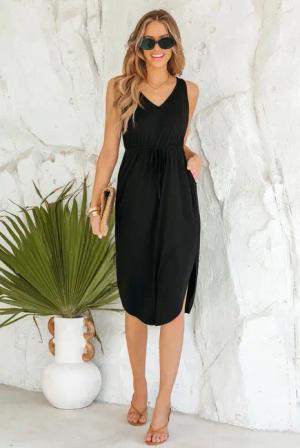 Schwarzes Ärmelloses Maxi-Strickkleid mit Tunnelzug