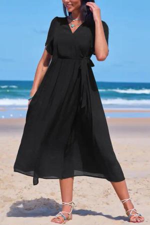 Schwarzes Midi-Wickel-Strandkleid mit Taillenband