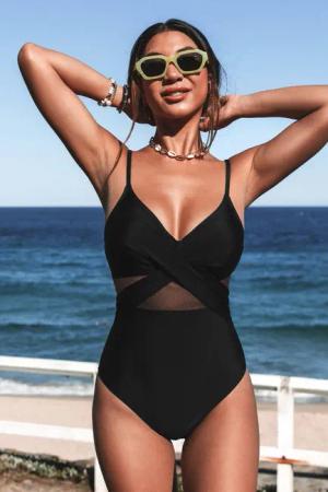 Schwarzer Cutout Mesh Badeanzug mit Wickelvorderseite