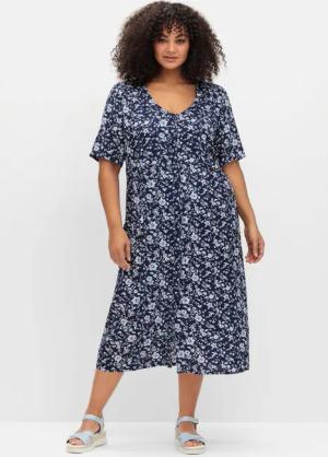 Sheego Midikleid aus Viskose, mit Blümchenprint, marine gemustert, Gr.48