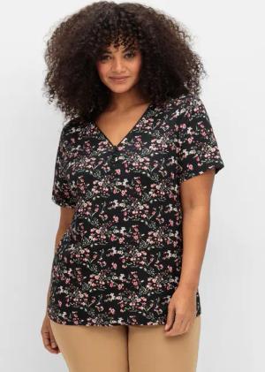Sheego Shirt mit Zipper am Ausschnitt und Blumenprint, schwarz gemustert, Gr.48
