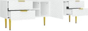 Oeryde Lowboard TV-Schrank, lowboard mit strukturierten Türen, TV-Möbel mit Schubladen, offenen Fächern, goldenen Griffen und goldenen Füßen, modernes Design