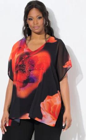 Ulla Popken Druckbluse Blusenshirt doppellagig Oversized V-Ausschnitt
