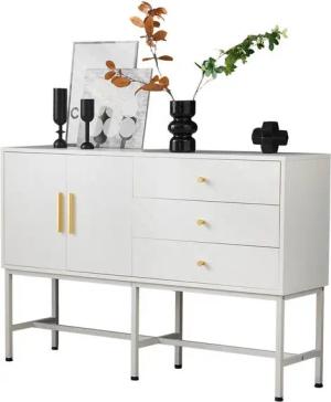 DOPWii Kommode Kommode Sideboard mit 2 Türen, 3 Schubladen, 120 x 32 x 80 cm –, Weiß mit goldenen Griffen und Metallfüßen,für Wohnzimmer, Schlafzimmer