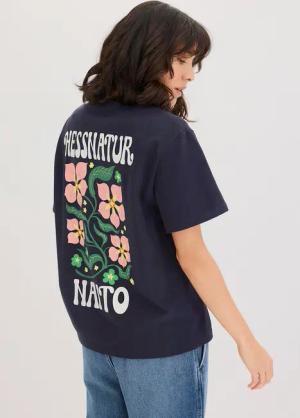 hessnatur Damen NAITO × HESSNATUR Print T-Shirt Oversize aus Bio-Baumwolle - blau - Größe 38