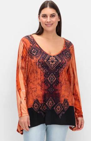 Sheego Langarmshirt im Ethno-Stil, mit Zipfelsaum, schwarz gemustert, Gr.52