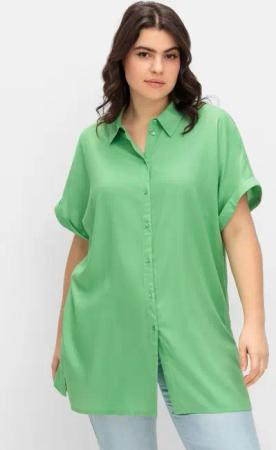Sheego Longbluse mit Hemdkragen und kurzem Arm, apfelgrün, Gr.52