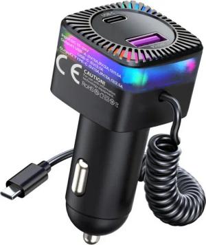 BRAIDOL Auto Ladegerät USB Typ C Smart Ladeadapter KFZ Zigarettenanzünder KFZ-Adapter USB,3 x Usb Anschlüsse zum Aufladen zu mit 1.2M Schnell Spiral Typ C Kabel und Buntes Licht, Überhitzungsschutz, Auto ladegerät für iPhone, Samsung,iPad,Autorekordern us