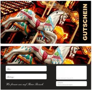 LYSCO Geschenkkarte Geschenkgutschein Premium Kirmes Rummel (Karussel-674), buntes Pferd Jahrmarkt Tradition Spielstände