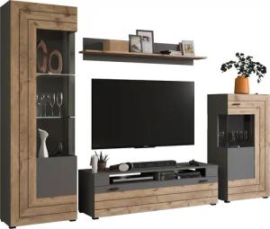 INOSIGN Wohnwand "Aalborg, Breite 290cm, 2-farbig,Metallgriffe, 4-teilig, bestehend aus:", (4 St.), 1x Vitrine, 1x Lowboard, 1x Wandboard und 1x Stauraumschrank
