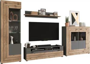 INOSIGN Wohnwand "Aalborg, Breite 350cm, 2-farbig,Metallgriffe, 4-teilig, bestehend aus:", (4 St.), 1x Vitrine, 1x Lowboard, 1x Wandboard und 1x Highboard