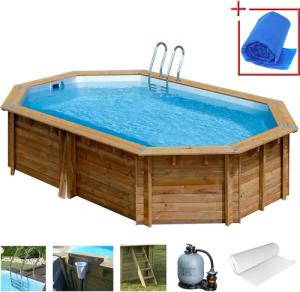 Gre Achteckpool "SAFRAN 2 mit Edelstahlleiter", (Set, 8 tlg.), Kiefernholz, BxLxH: 395x620x136 cm