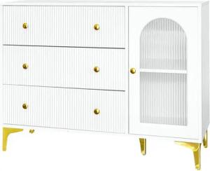 Merax Kommode mit Glastür und drei Schubladen, Schubkastenkommode mit goldenen Metallbeine,Sideboard