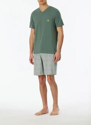Schiesser Herren Pyjama grün Jersey-Baumwolle unifarben