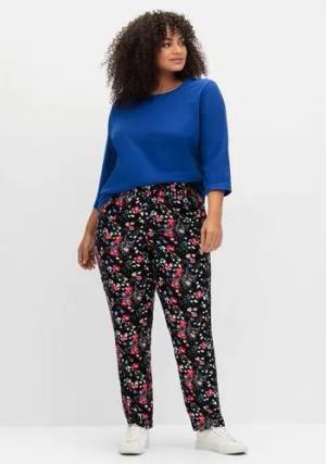 Schmale Hose mit Gummibund und Blumenprint, schwarz gemustert, Gr.40