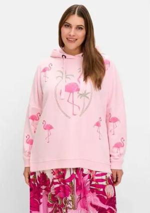Kapuzensweatshirt mit Flamingo-Prints und Glitzersteinen, rosé gemustert, Gr.48