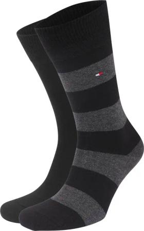 Tommy Hilfiger 2-Pack Socken Streifen Uni Schwarz - Größe 43-46
