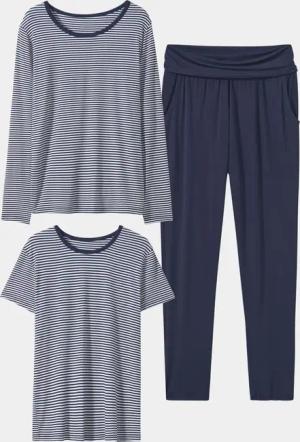 3tlg. Jersey-Loungewear-Set - marine / weiß / geringelt - Gr. 46 von Goldner Fashion