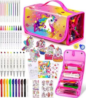 POPOLIC Filzstift Filzstifte Kinder Einhorn Geschenke für Mädchen, Malset für Kinder, (mit Glitzerstifte Buntstifte Malbuch Doppelmarker Einhorn Federmäppchen), mit Diamant Aufklebern Federmäppchen Mädchen