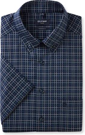 OLYMP Luxor, bügelfreies Business Hemd, modern fit, Blau, Karo, Kurzarm, Button-down, 39