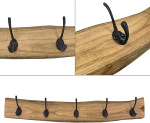 Online-Fuchs Garderobenleiste aus Teak Holz mit 5 Metallhaken im Vintage Look (schwarze Haken), Wandgarderobe