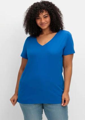 Sheego T-Shirt mit V-Ausschnitt, kobalt, Gr.52/54
