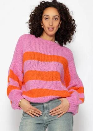 SASSYCLASSY Strickpullover Pullover mit Streifenmuster in Pink und Orange Strickpullover Damen mit kontrastreichen Streifen