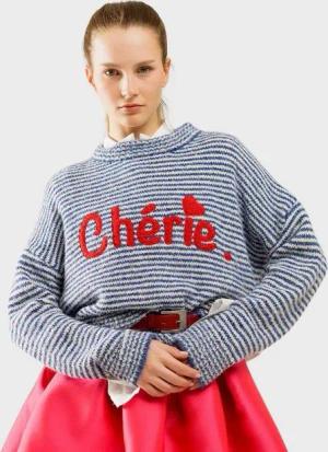 suebidou Rundhalspullover Wünderschöner Damen Pulli gestreift mit Chérie Statement blau weiß nachhaltig, kreativ, gestreift, Onesize
