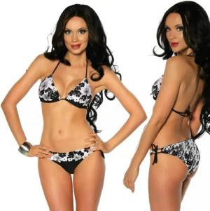 Samegame Push-Up-Bikini Push-Up Triangel-Bikini Set mit Strass Bademode schwarz weiß geblümt