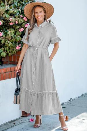 Gestreiftes Maxi-Hemdblusenkleid mit Taillenband