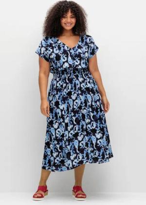 Sheego Kleid mit Blumenprint und Smokbund, marine gemustert, Gr.46